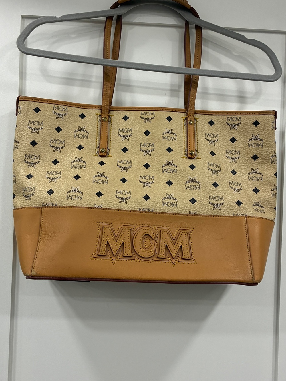 Authentic MCM Visetos Tote Bag Cognac Cream Large Shopper